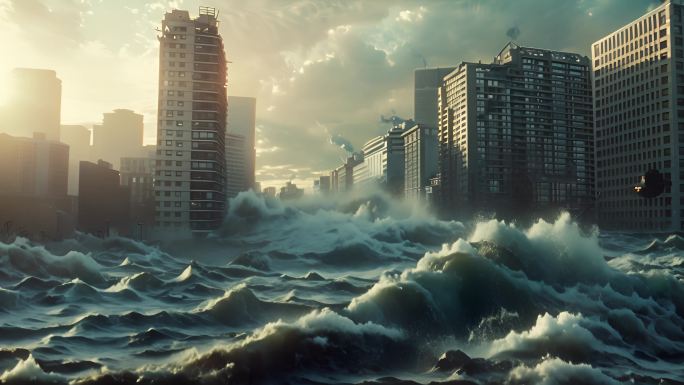 世界末日大洪水冲击城市，海啸冲击城市