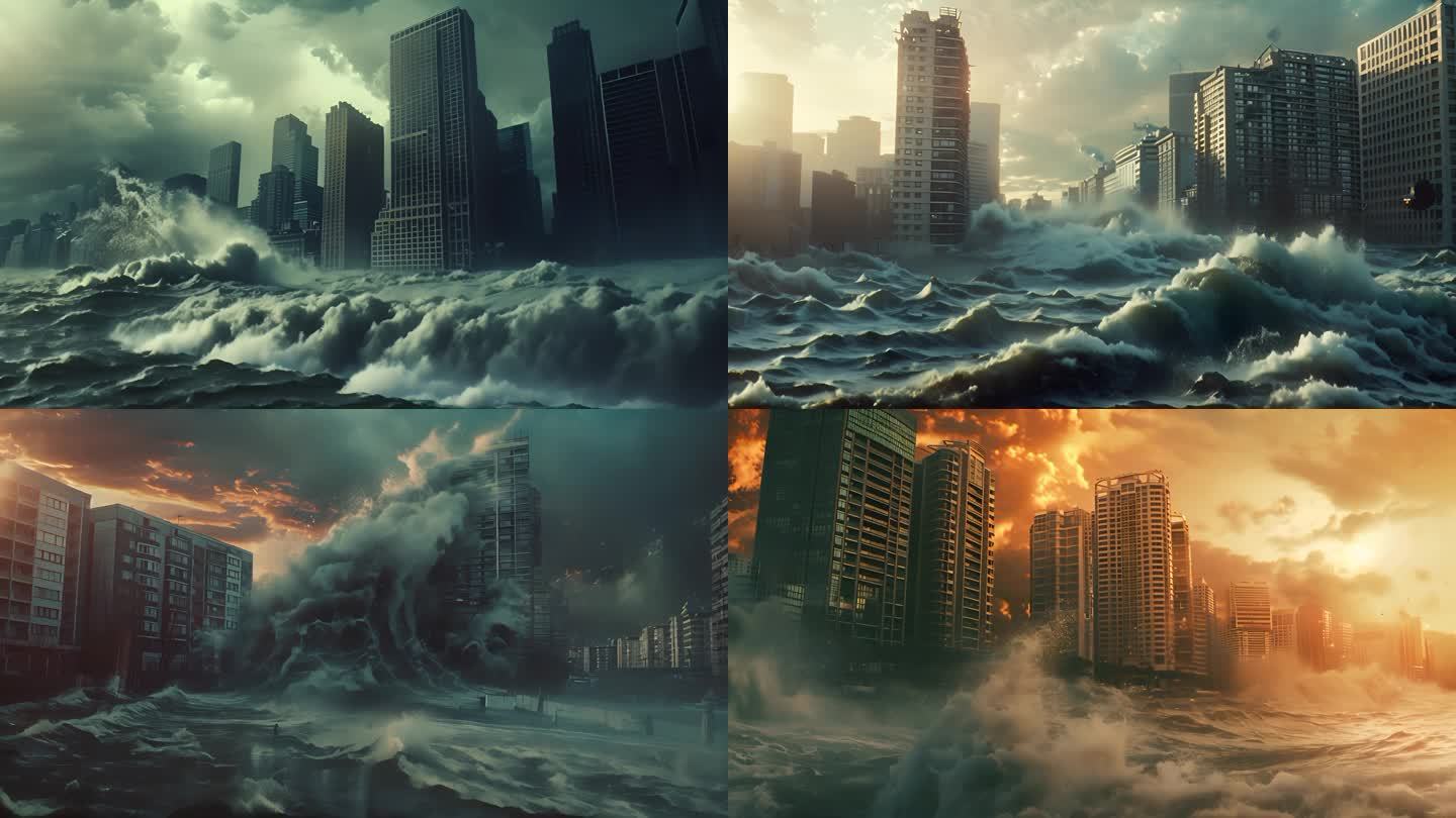 世界末日大洪水冲击城市，海啸冲击城市