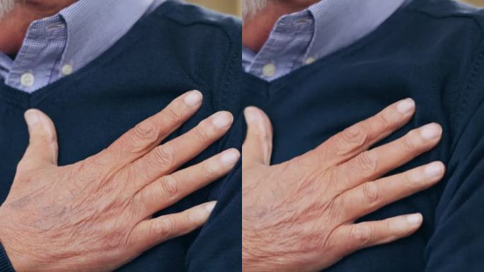 老年人的手、胸与心脏病发作、焦虑或疼痛伴疾病及高血压的特写。心力衰竭，医疗状况和心绞痛，老年急症和心