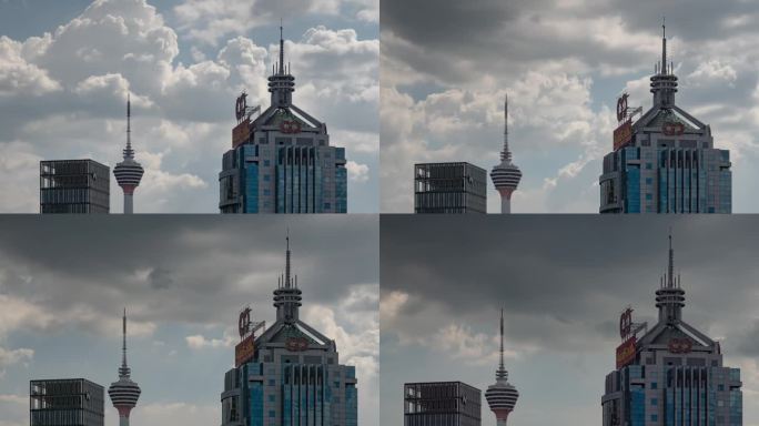 晴朗的日子云天空吉隆坡市中心著名的塔顶外部屋顶全景4k延时马来西亚