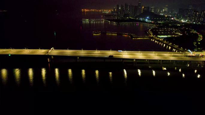 深圳湾公路大桥跨海大桥夜景晚霞航拍