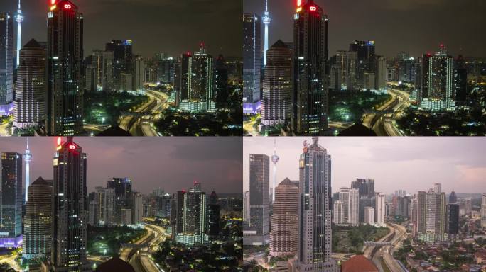 夜晚到白天的日出吉隆坡市中心的交通道路屋顶全景4k延时马来西亚