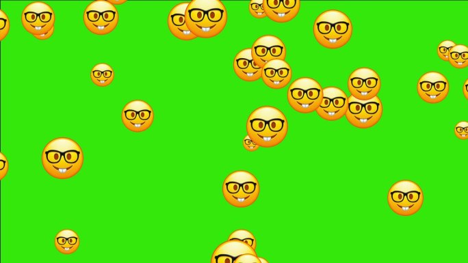书呆子emoji。表情符号配透明眼镜，滑稽的黄脸配黑框眼镜。动画的坠落表情符号。社交媒体图标符号动画