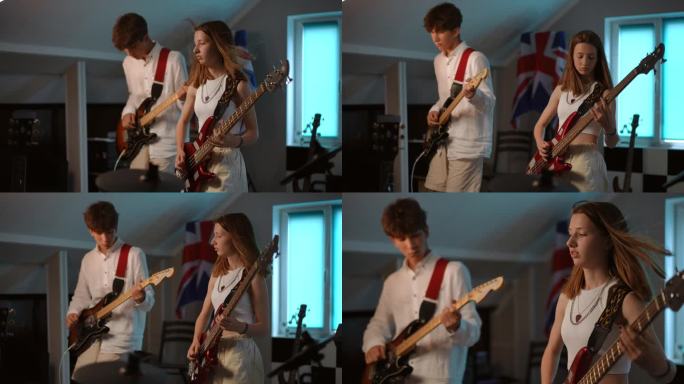 两个青少年在一所现代音乐学校弹电吉他。一个年轻人手里拿着拨片在弹电吉他，一个女孩在弹贝斯吉他。