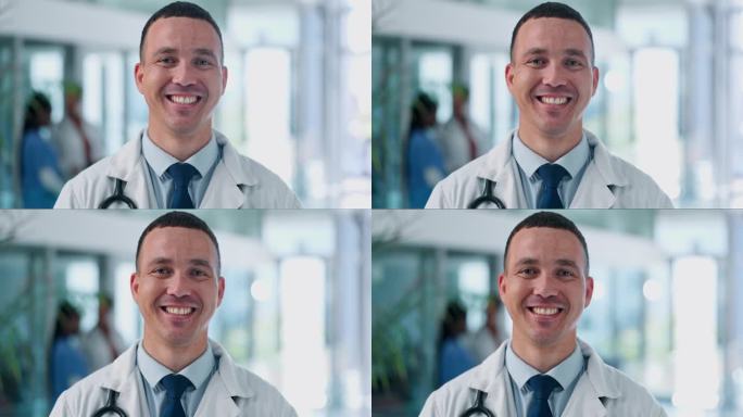 医生，男人和脸，微笑为医疗保健和专业头像与专家，医药和外科医生在医院。健康，医疗和快乐在肖像，专家和