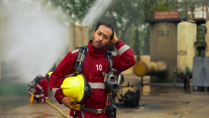 消防队员配备红色安全服、安全帽和氧气罐。