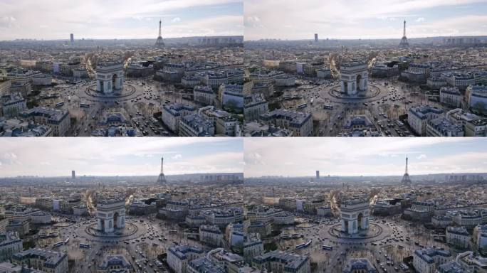 法国巴黎城市景观，凯旋门或凯旋门，背景是埃菲尔铁塔和蒙帕纳斯塔。航拍无人机前进
