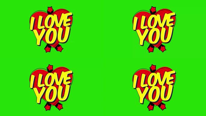 漫画标题泡沫卡通动画与“我爱你”的话-拍摄在4K分辨率与绿屏背景