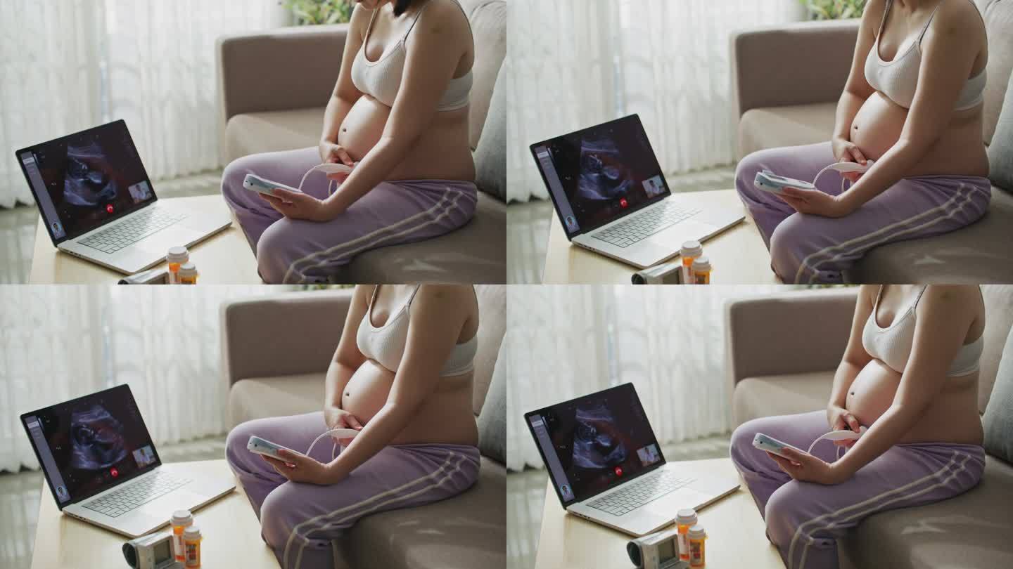 孕妇在家与在线医生检查超声波，健康技术