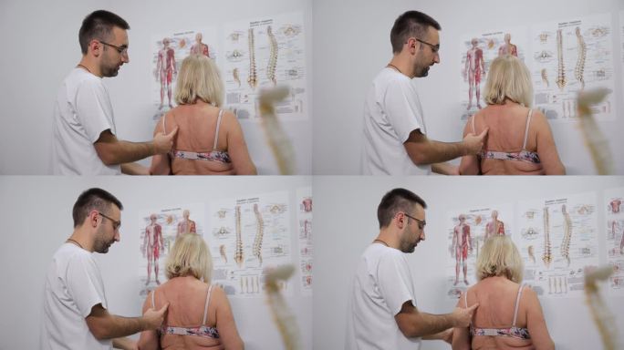 骨科医生在诊所检查病人的背部。骨质疏松、后凸、前凸或脊柱侧凸。