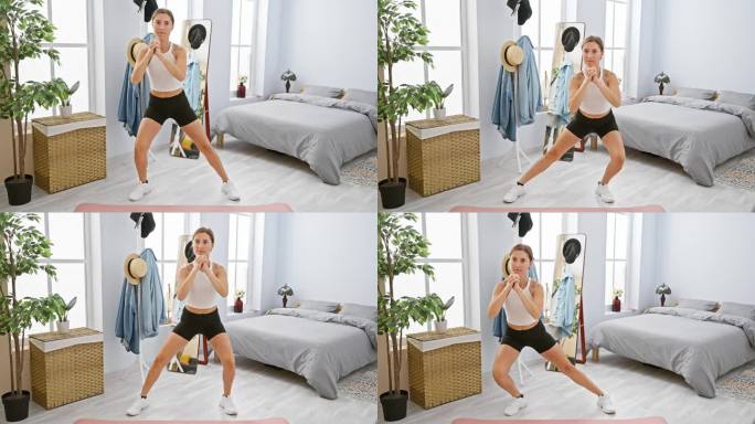 一位年轻的白人妇女在一间装饰极简主义的宽敞卧室里锻炼，反映了现代健康的生活方式