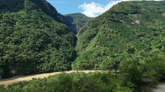 穆夏斯河峡谷和茂密的森林。多米尼加共和国的圣克里斯托瓦尔。空中前升