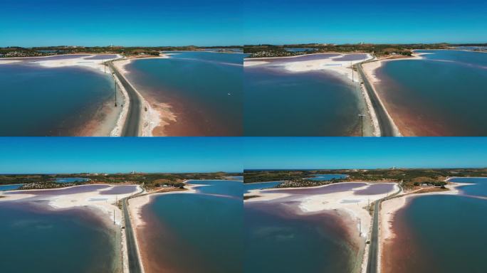 无人机拍摄于澳大利亚西部的一个夏日，位于两个粉色咸水湖之间的罗特尼斯岛