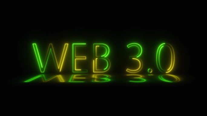 web3.0文字，黄绿色霓虹灯效果。3D动画。互联网的概念和新技术。