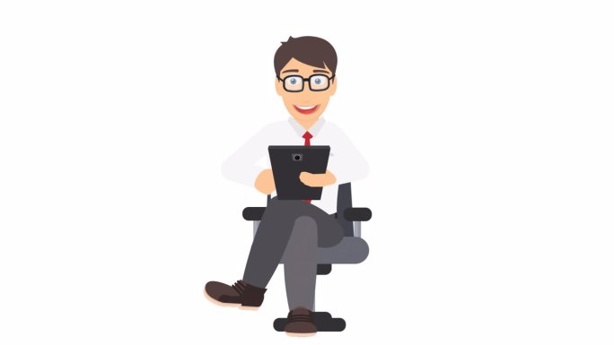 一个人在用平板电脑。动画顾问坐在扶手椅上。卡通