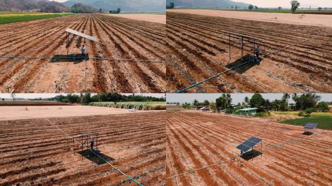 智慧农业概念，太阳能农业中的水系统技术。水泵和太阳能电池板。太阳能电池板制造能源，全球变暖背景