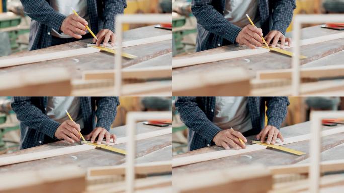 家具制造、装修或小型企业车间的手工、木制品和测量尺。人，手指和铅笔与木板的木材创意，木工或生产