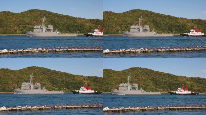 日本海军的一艘船被拖出鸟羽湾，日本三重