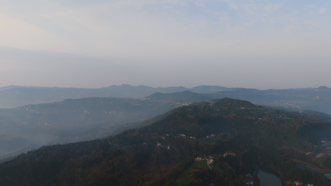 航拍大山村落清晨大景