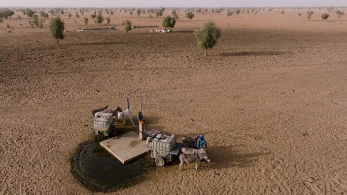 空中平移。在塞内加尔撒哈拉沙漠的萨赫勒地区，一名黑人男子在驴车后面装着一个塑料容器，里面装满了深井里