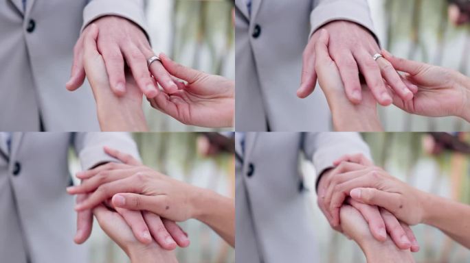 一对夫妇，在结婚、婚礼或承诺、爱或支持的仪式上手牵着手，戴着戒指。人们结婚的特写，誓言或配件，象征着
