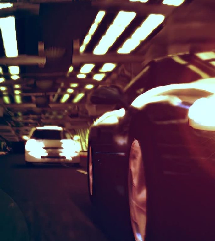 两辆车在黑暗的地下隧道里赛跑。明亮的前灯动画