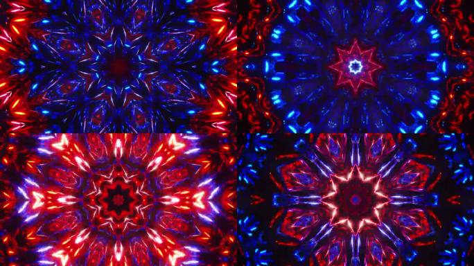 红色和蓝色的抽象图案与灯。万花筒VJ回路