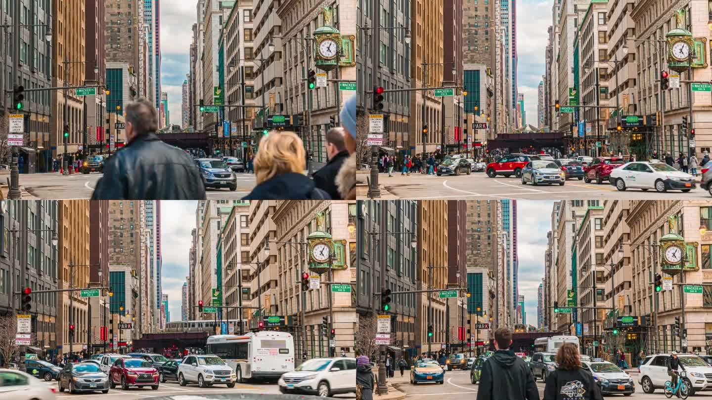 美国伊利诺斯州芝加哥市中心现代建筑中拥挤的行人、游客步行和铁路桥交叉口在高峰时段交通的时间变化