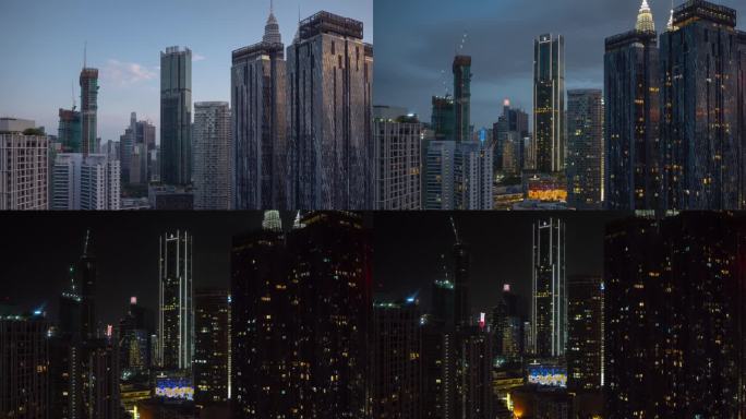 日落到晚上照明市中心现代摩天大楼屋顶全景4k延时马来西亚