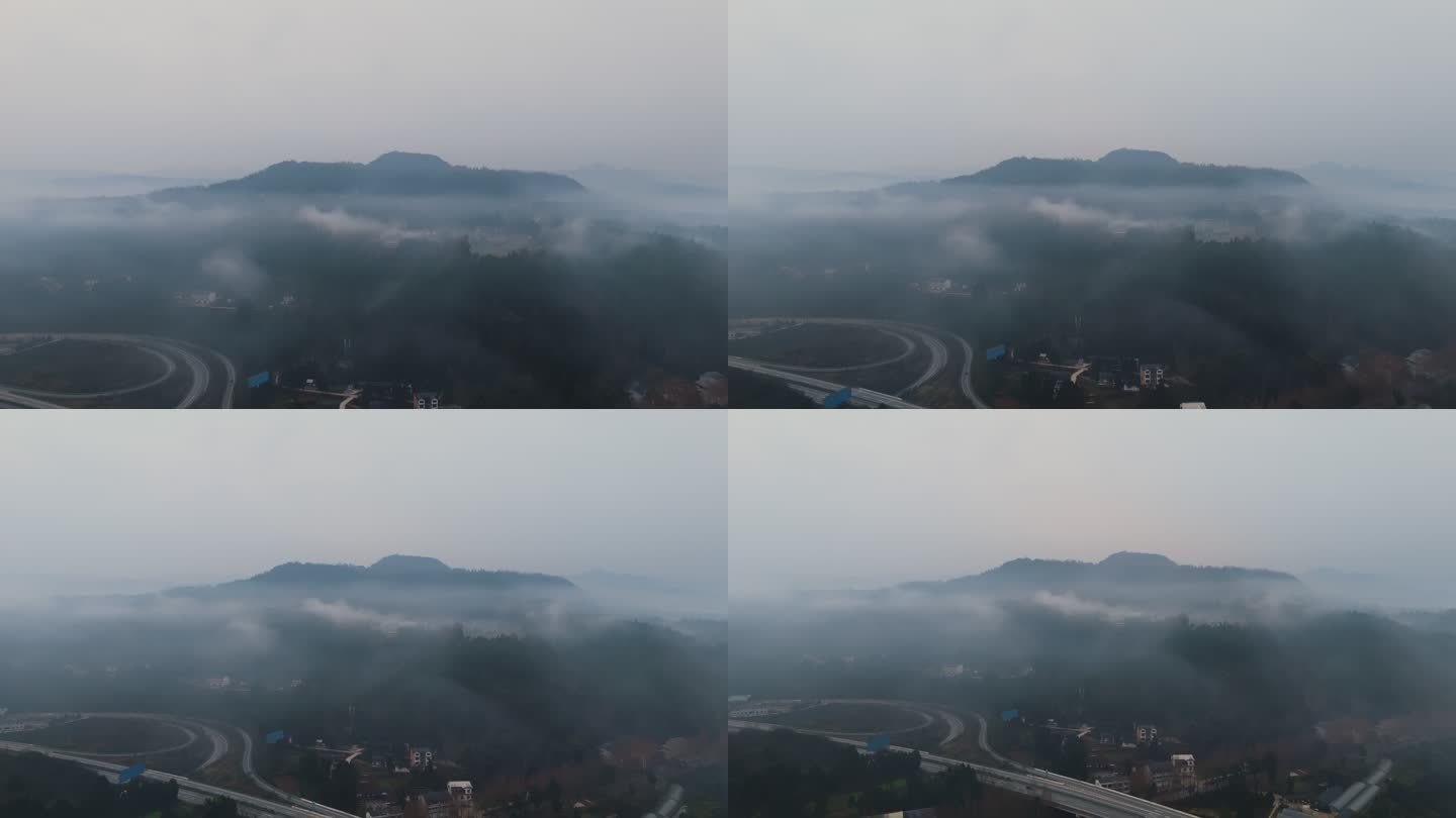 航拍大山清晨薄雾