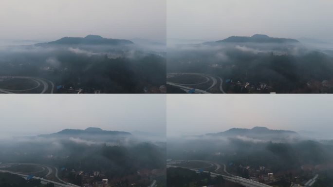 航拍大山清晨薄雾