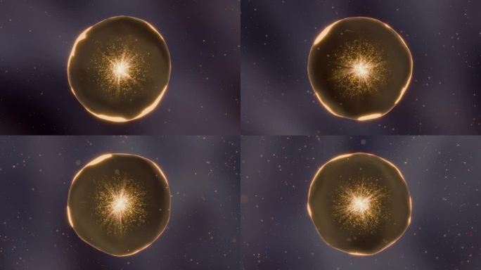 一个发光的金色球体，在黑暗的空间里有闪亮的粒子。摘要描述细胞外囊泡(外泌体，mv)。超高清4K视频动