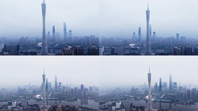 广州回南天清晨平流雾珠江新城航拍5K视频