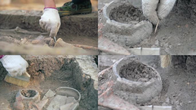 考古再现考古现场考古人员挖掘文物C025
