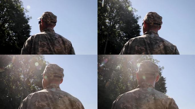 退役男兵的背影。穿军装的男人。乌克兰武装部队。兵役的概念，军队，责任