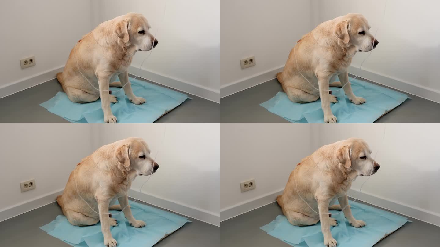 老悲伤的黄色拉布拉多猎犬坐在那里为肾衰竭的狗进行皮下点滴注射。疾病和兽医诊所的概念。
