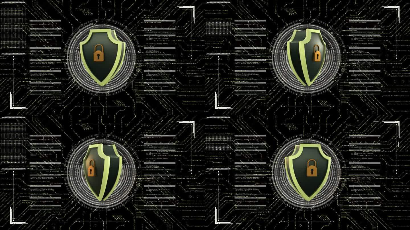网络安全的抽象概念。数字背景上的盾牌图标的三维轮廓。电脑安全标志3D