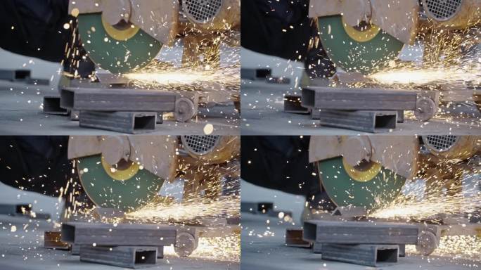 工厂工地上切割钢铁火花飞溅的升格镜头
