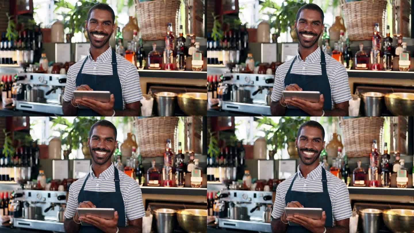 平板电脑、黑人男子和调酒师微笑着为餐馆销售、酒水服务或职业服务。肖像，工作经验和非洲企业主自豪的饮料