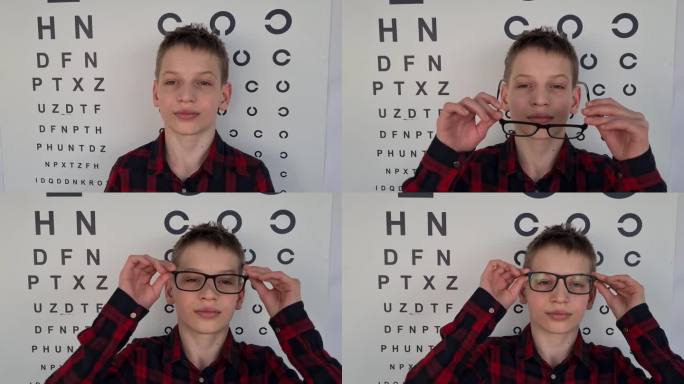 一个十几岁的男孩戴着眼镜去看眼科医生