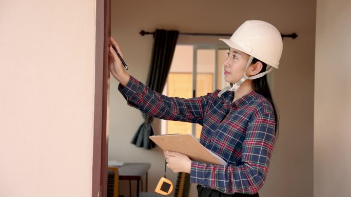 戴着白色头盔的亚洲女检查员勤奋地测量建筑物的角落，确保精确的施工标准。以精度，检验员在房屋角落使用量
