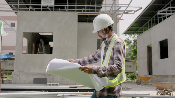 驻亚洲工程师检查房屋施工平面图。穿着黄色背心、戴着白色头盔的思想者在调查建筑图纸。未完工的现代水泥房