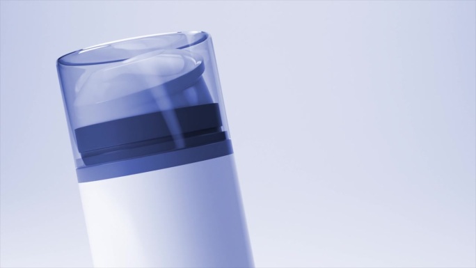 光滑的化妆品乳液分配器在3D动画，具有现代，半透明的帽子和光滑的设计在一个凉爽的蓝色背景。