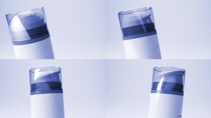 光滑的化妆品乳液分配器在3D动画，具有现代，半透明的帽子和光滑的设计在一个凉爽的蓝色背景。