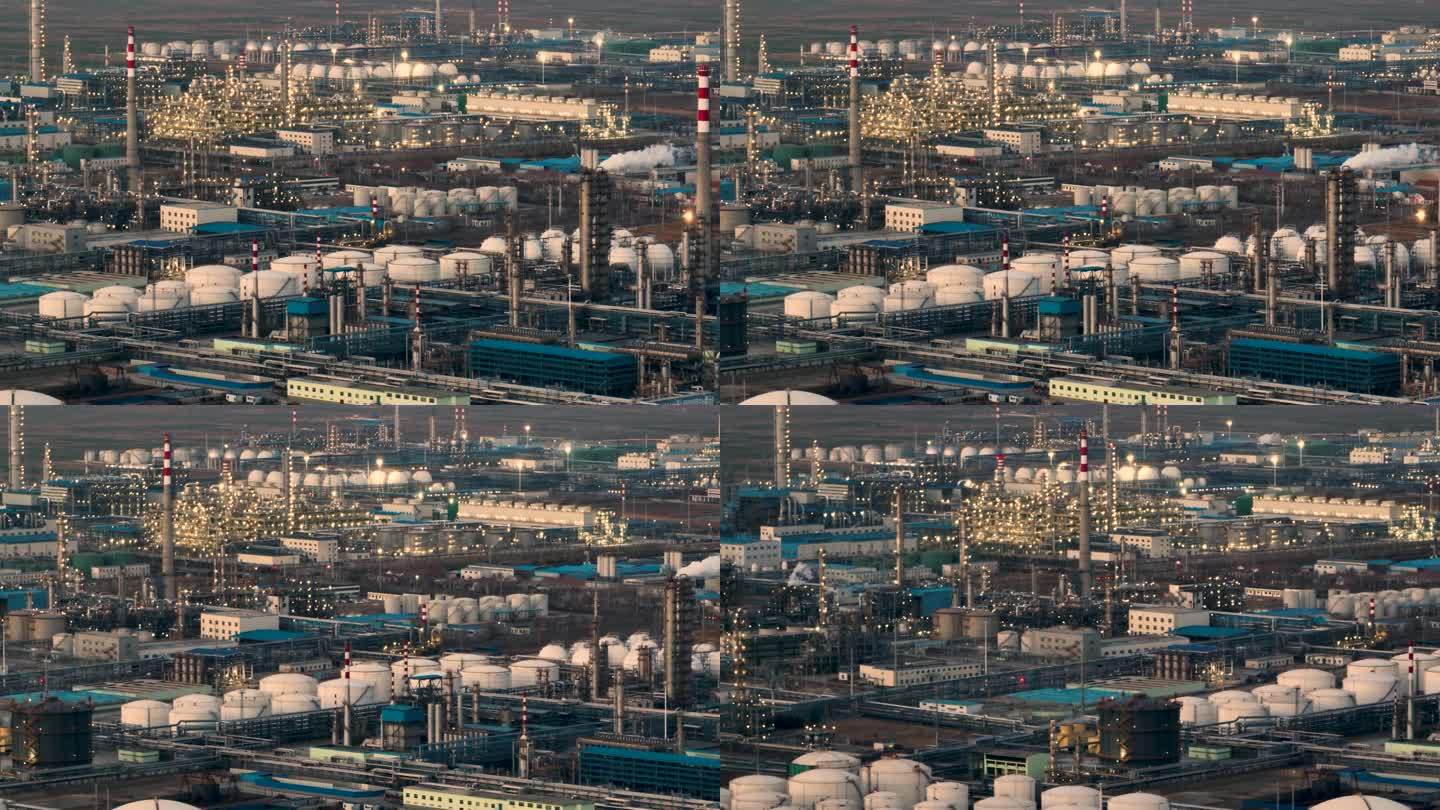 夕阳下航拍石油化工厂炼油厂储油罐