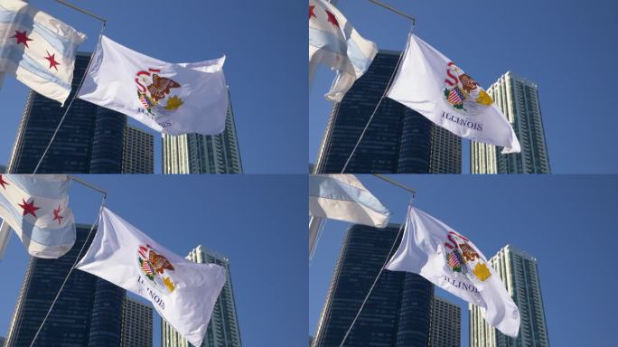 伊利诺斯州的国旗在慢动作中挥舞，背景是摩天大楼和蓝天，4K慢动作