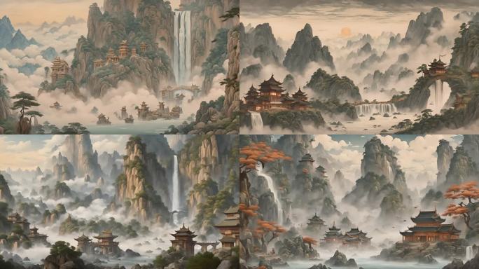 中式山水画背景航拍建筑瀑布