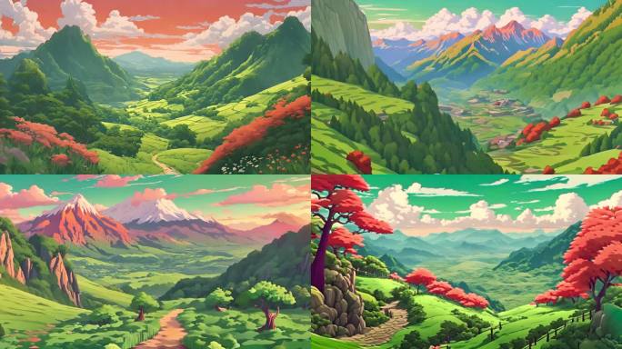 卡通自然风景 山谷彩色山体