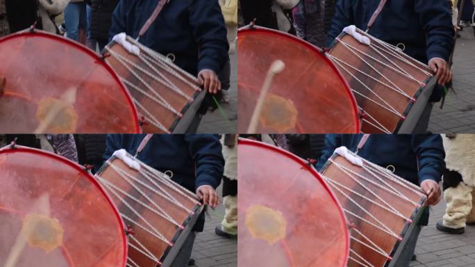 在农村的民间节日上，手在演奏大木鼓。在任何音乐的狂欢节派对上打鼓。