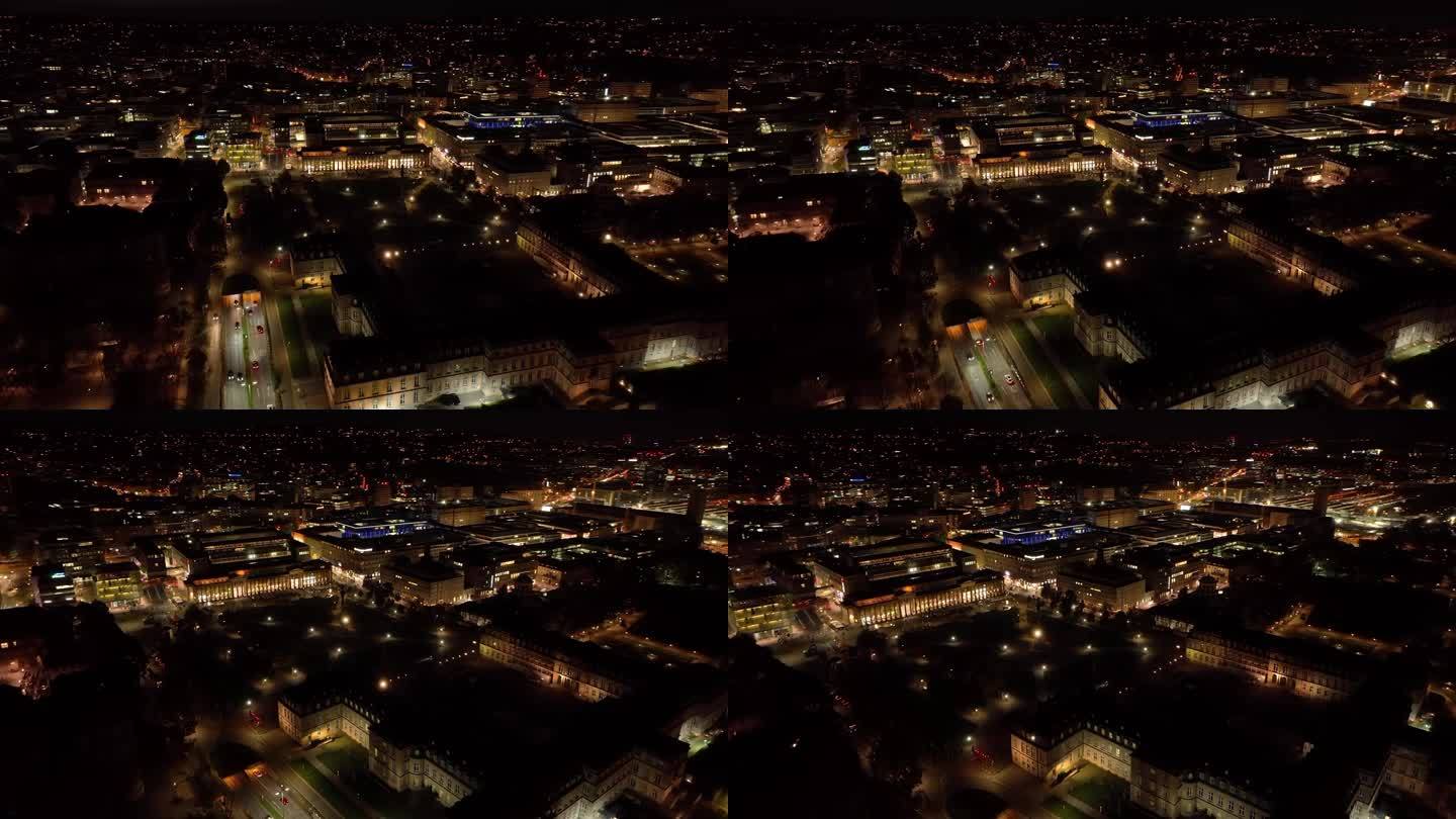 夜间照明斯图加特市中心航拍全景4k德国